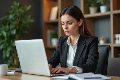 Femme professionnelle travaillant sur son ordinateur dans un bureau cosy