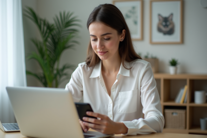 Jeune femme au bureau avec ordinateur et téléphone