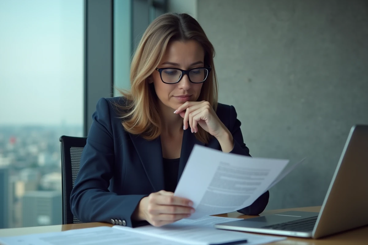 Femme en costume professionnel examine un mémo dans un bureau moderne