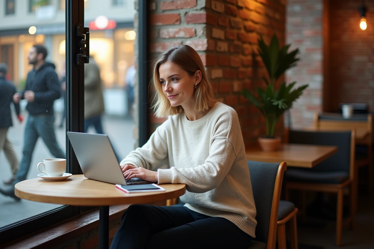 Femme concentrée sur son ordinateur dans un café urbain