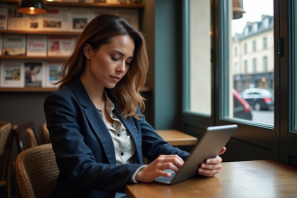 Jeune femme lisant des articles sur tablette dans un café parisien