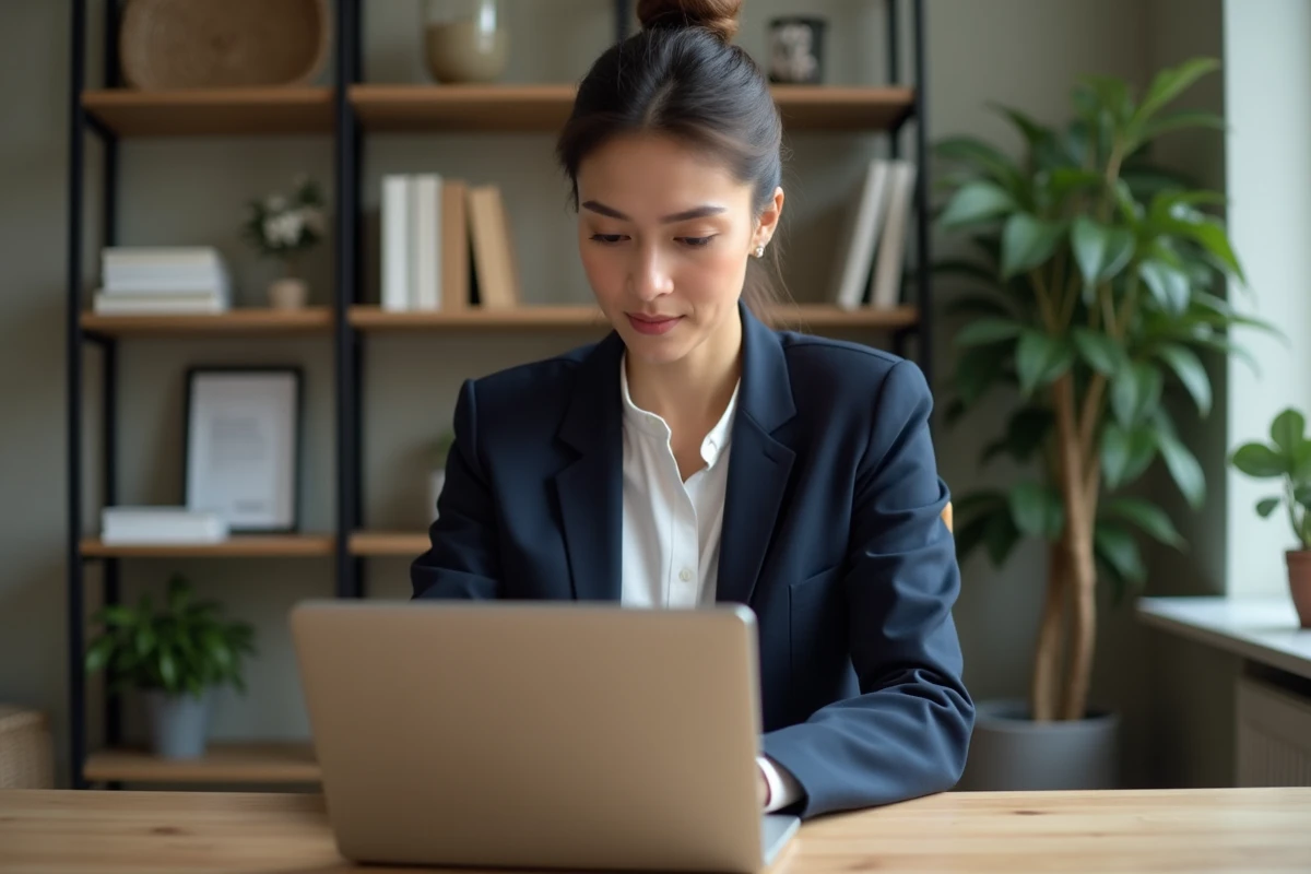 Femme consultant une bourse emploi notaires sur son ordinateur portable dans un bureau à domicile