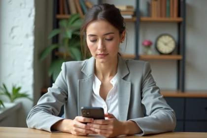 Femme consultant ses fiches de paie sur smartphone via l'application Arkevia depuis son bureau à domicile