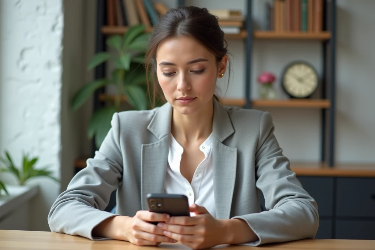 Femme consultant ses fiches de paie sur smartphone via l'application Arkevia depuis son bureau à domicile