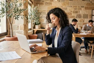 Femme professionnelle travaillant dans un espace de coworking à Aix-en-Provence avec murs en pierre apparente