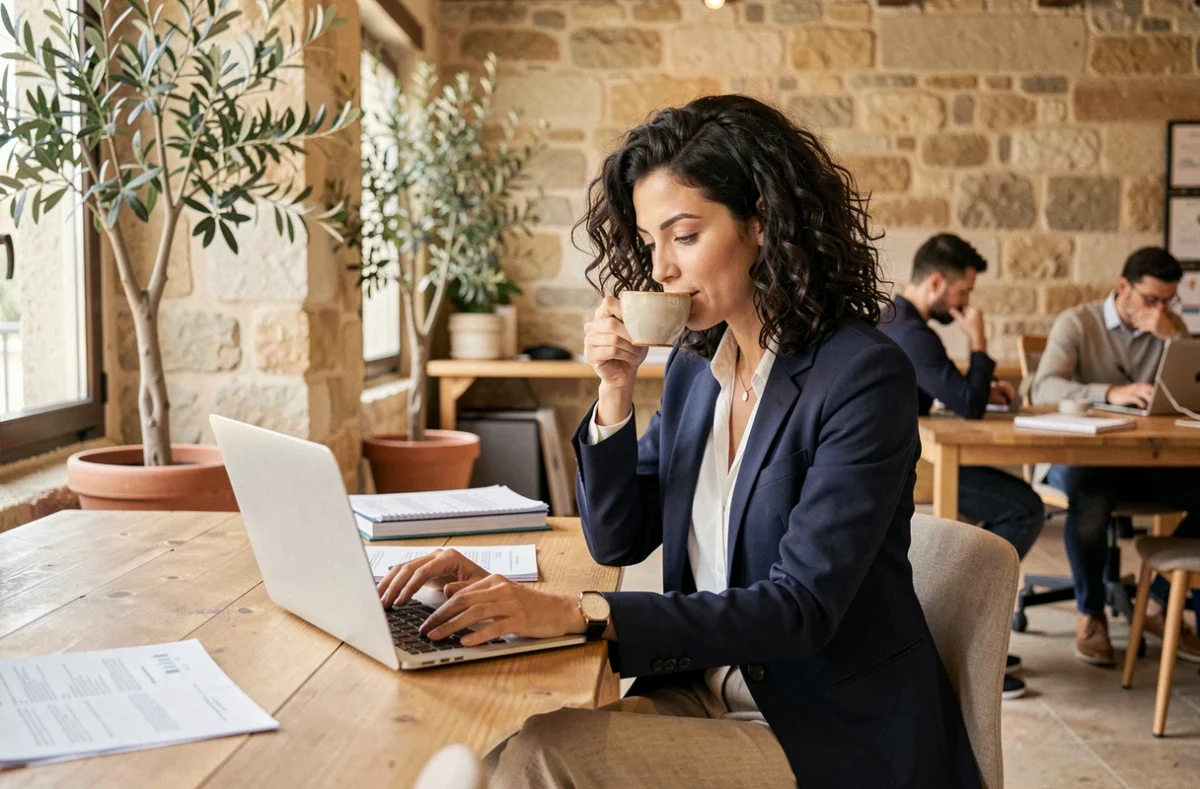 Femme professionnelle travaillant dans un espace de coworking à Aix-en-Provence avec murs en pierre apparente