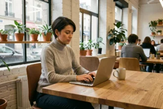 Femme travaillant sur un ordinateur portable dans un espace de coworking à Auxerre avec murs en briques blanches et grandes fenêtres industrielles