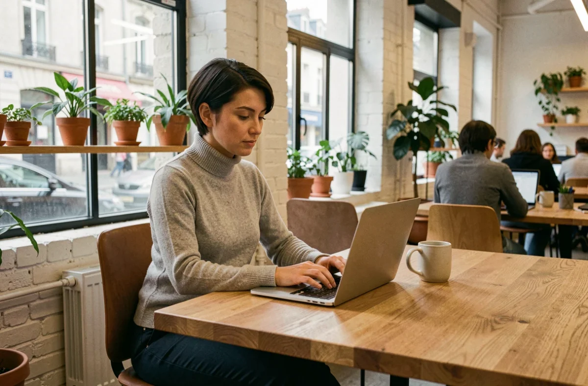 Femme travaillant sur un ordinateur portable dans un espace de coworking à Auxerre avec murs en briques blanches et grandes fenêtres industrielles