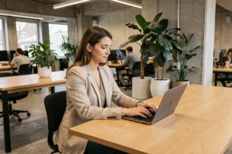 Femme travaillant dans un espace de coworking moderne à Cergy avec bureau en bois et plantes vertes