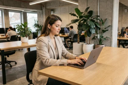 Femme travaillant dans un espace de coworking moderne à Cergy avec bureau en bois et plantes vertes