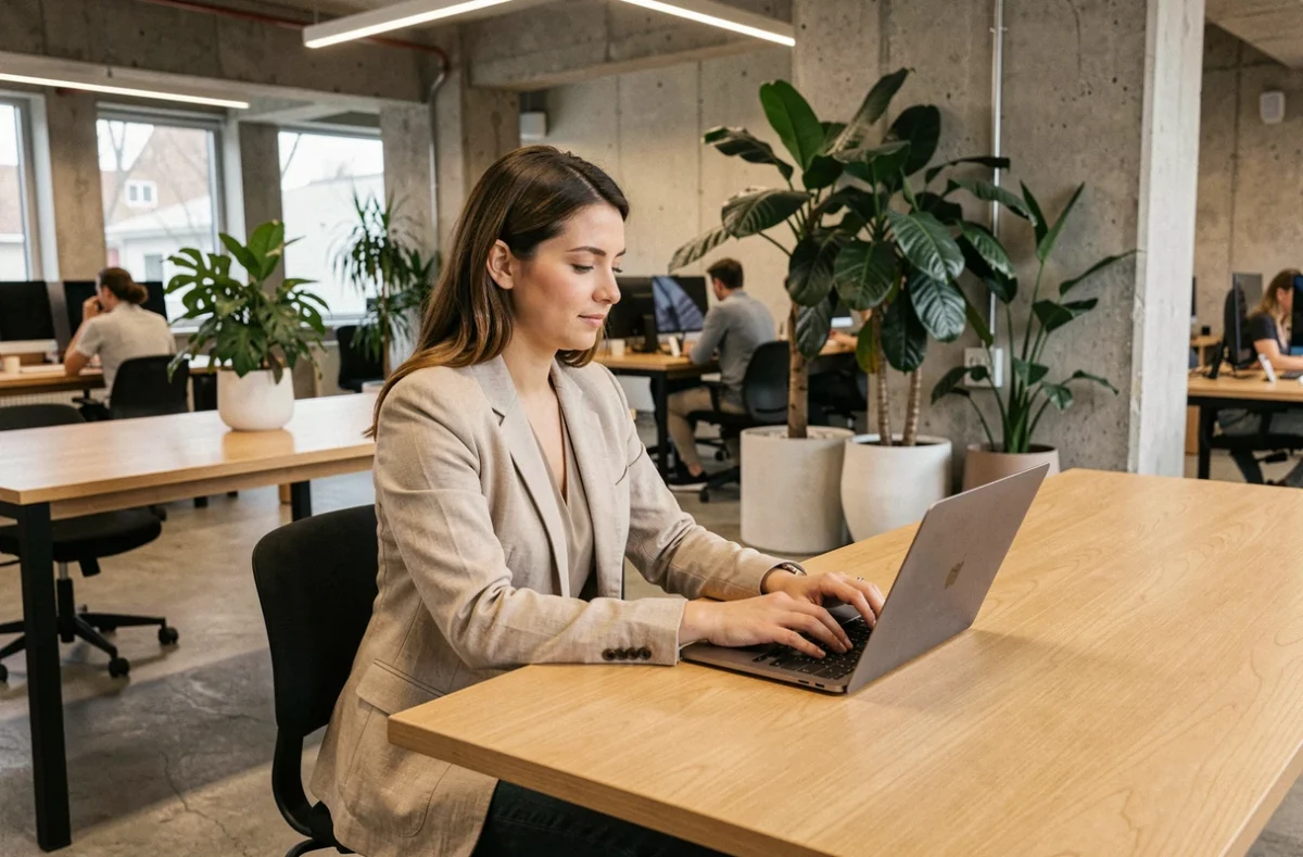 Femme travaillant dans un espace de coworking moderne à Cergy avec bureau en bois et plantes vertes