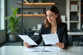 Femme professionnelle examine documents de branding