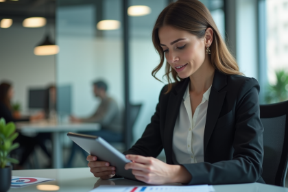Femme d'affaires analysant des donn&eacute;es d&eacute;mographiques sur une tablette