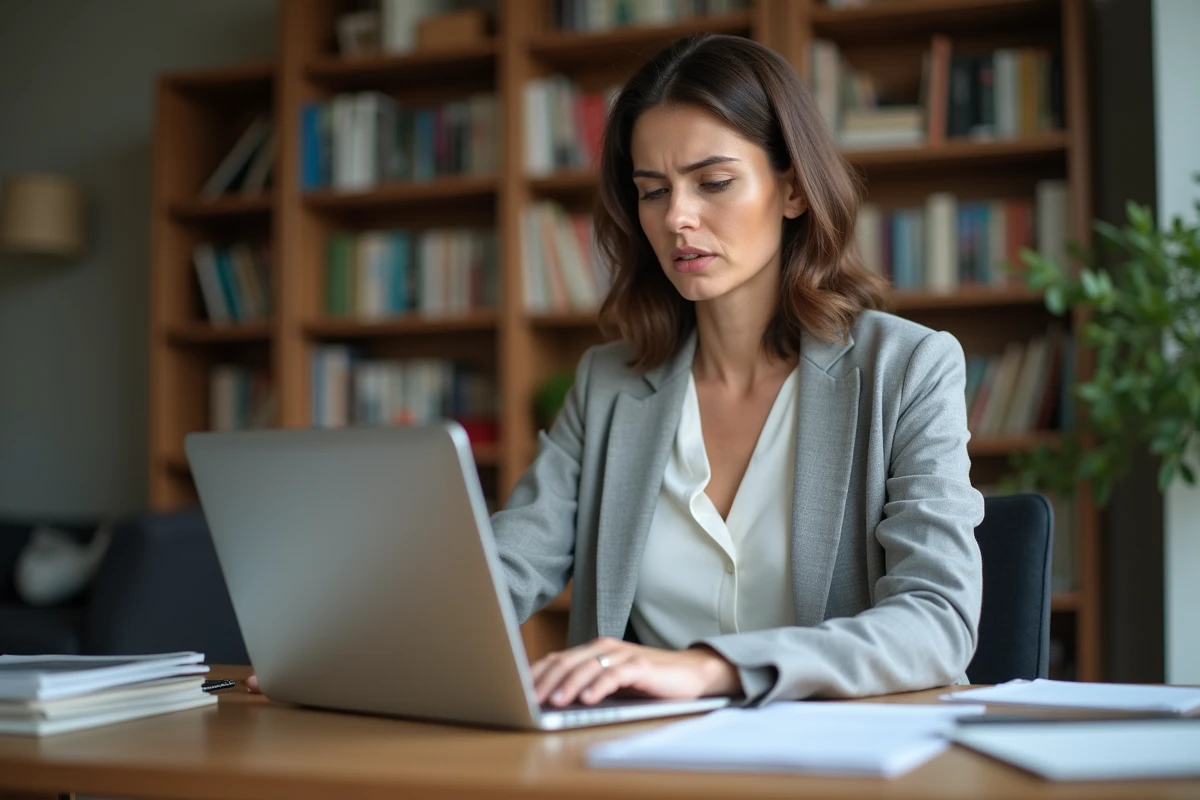 Femme en blazer gris rédigeant un email à l'inspection du travail sur son ordinateur portable dans un bureau à domicile