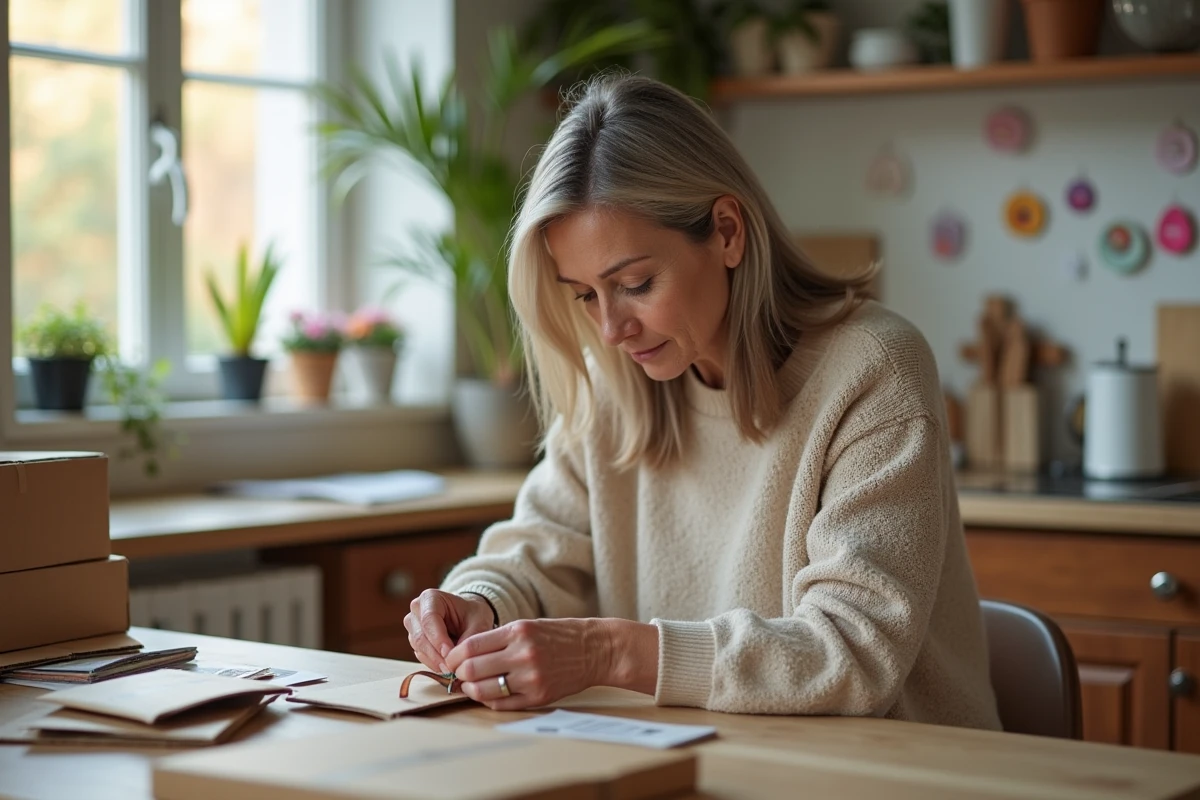 Femme d'âge moyen emballant des produits dans une cuisine chaleureuse