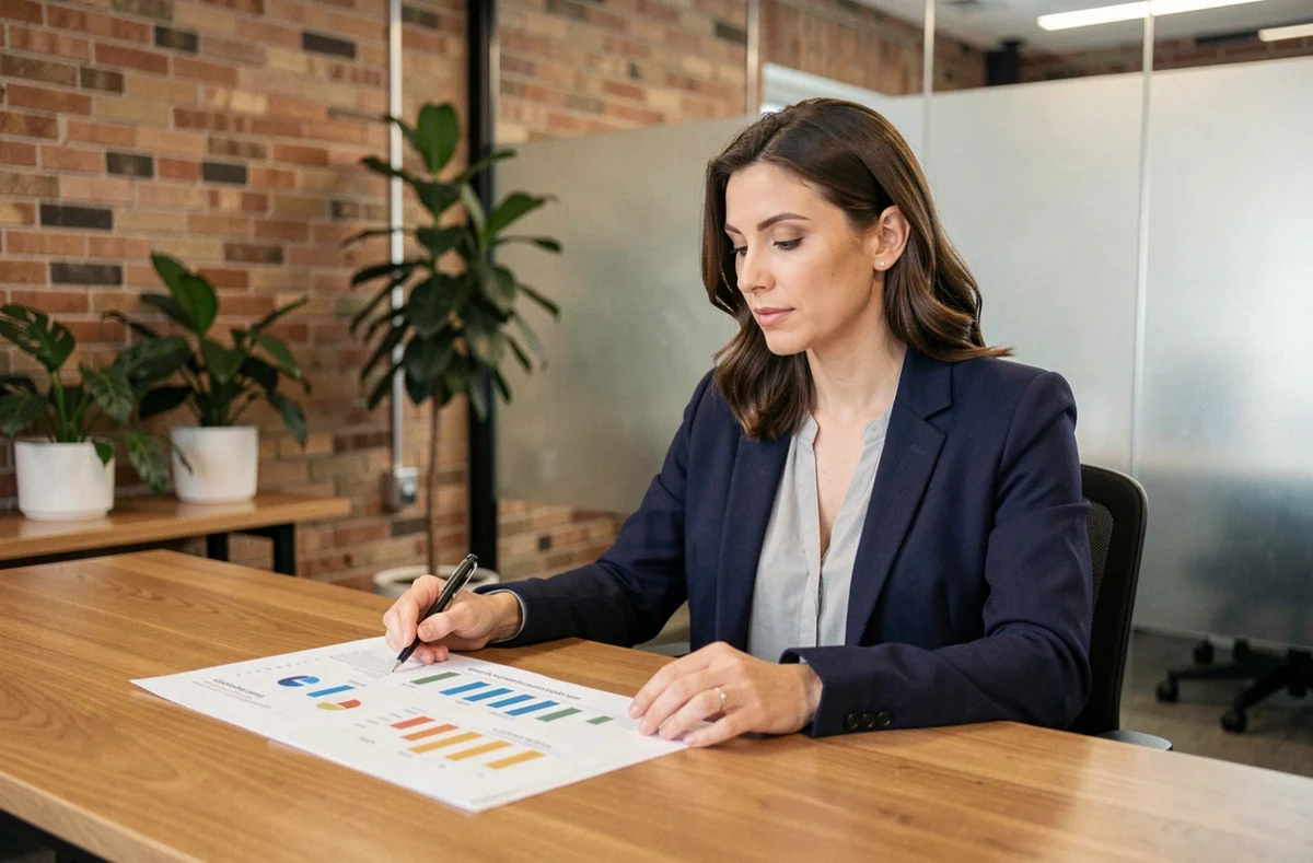 Femme entrepreneur analysant un plan de formation digitale dans un espace de coworking moderne