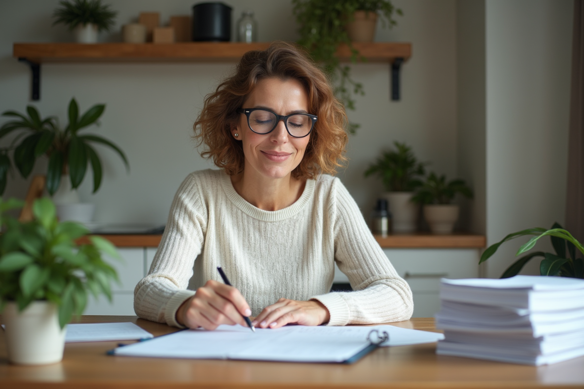 Femme entrepreneure analysant ses finances à la maison