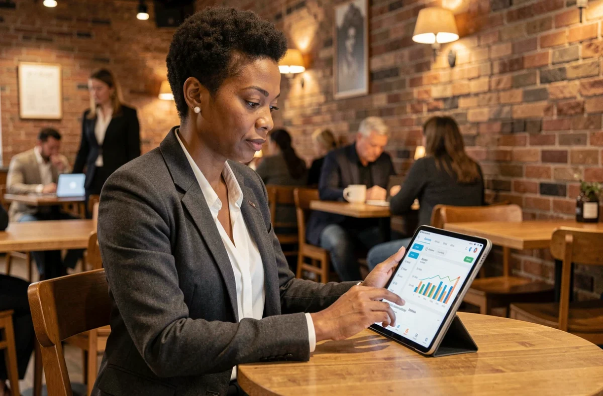 Femme entrepreneuse consultant un tableau de bord fintech sur tablette dans un café urbain tendance