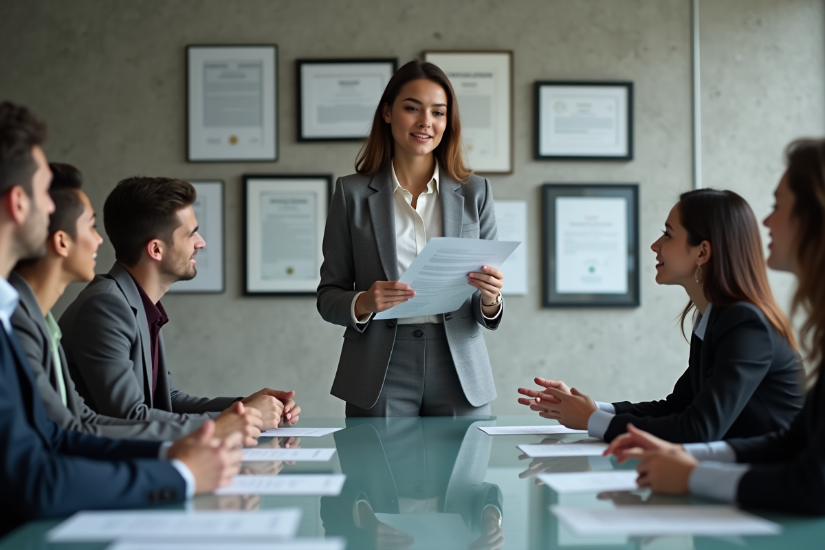 Jeune femme en blazer explique clauses à une réunion