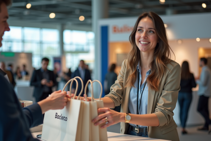Femme souriante distribuant des tote bags lors d'une expo