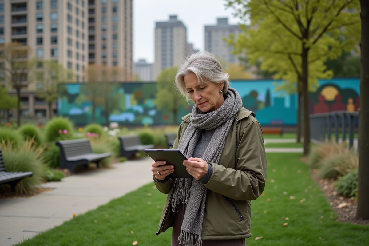 Femme dans un parc urbain utilisant une tablette pour scanner des plantes
