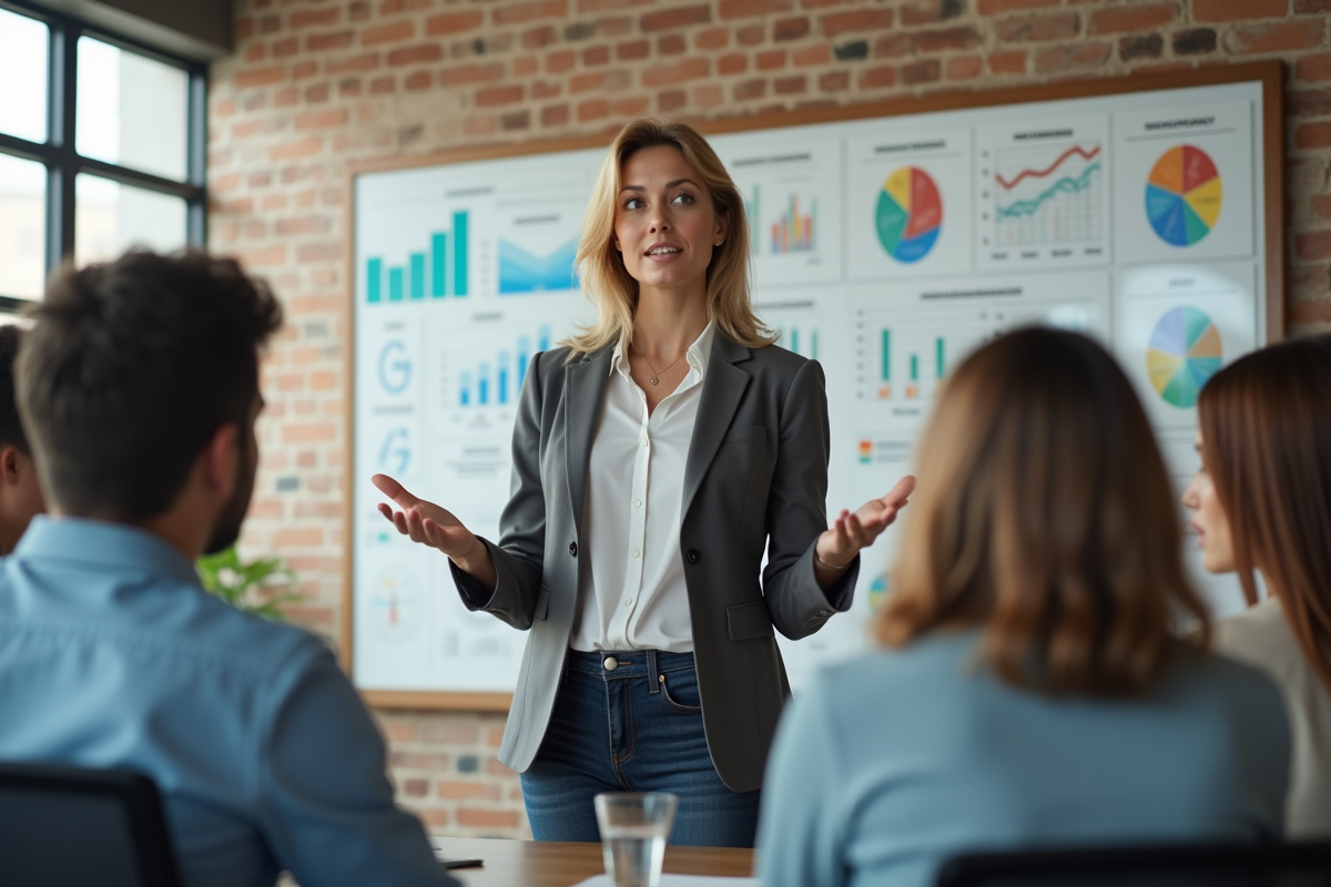 Femme manager confiante devant un tableau stratégique