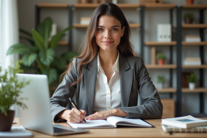 Femme professionnelle écrivant dans un planner au bureau
