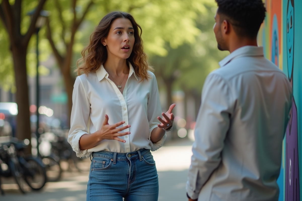 Jeune femme parlant devant un mur de quartier en plein air