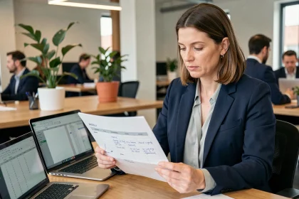 Femme cadre consultant son planning hebdomadaire dans un bureau moderne en open space