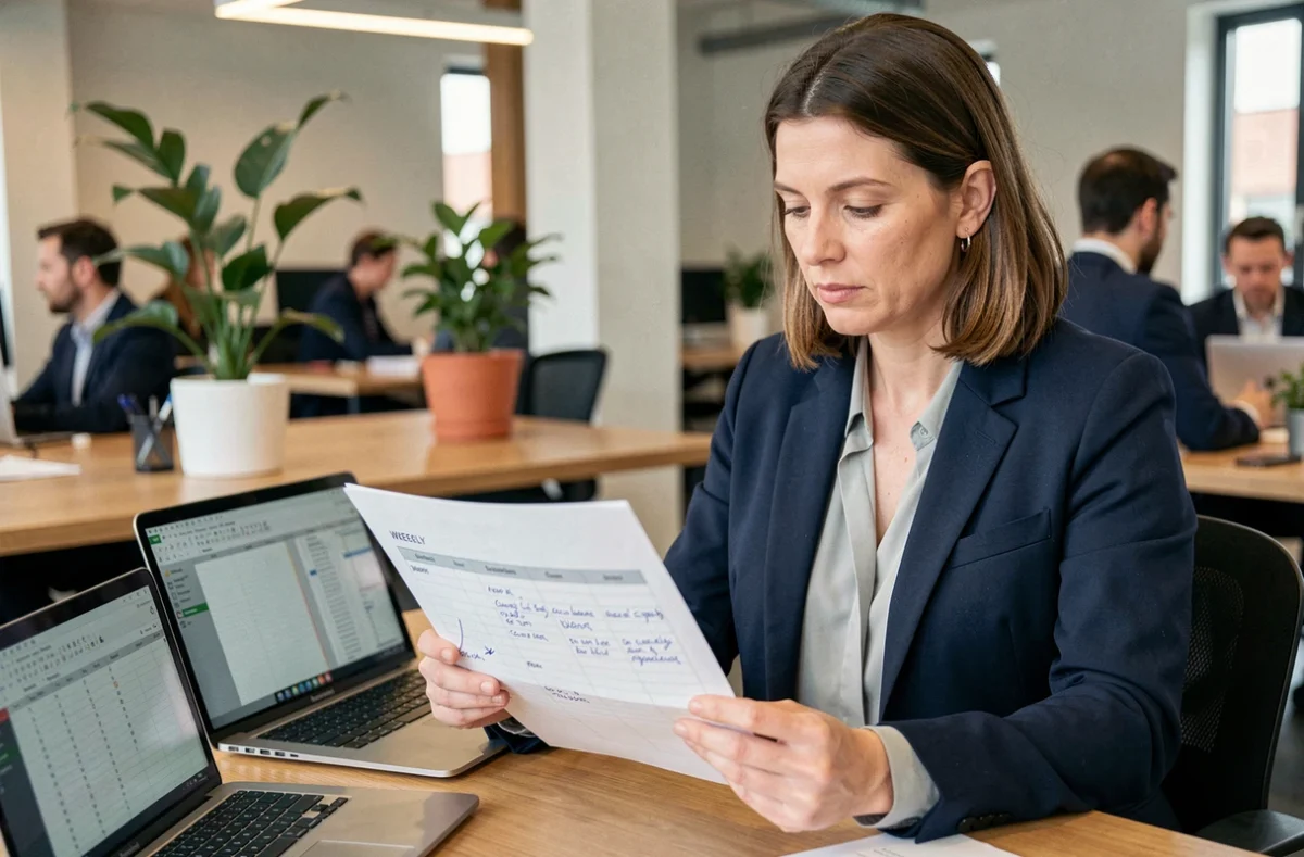 Femme cadre consultant son planning hebdomadaire dans un bureau moderne en open space