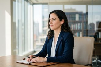 Femme en blazer navy dans un bureau moderne