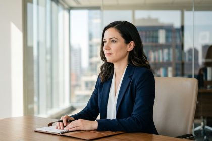 Femme en blazer navy dans un bureau moderne