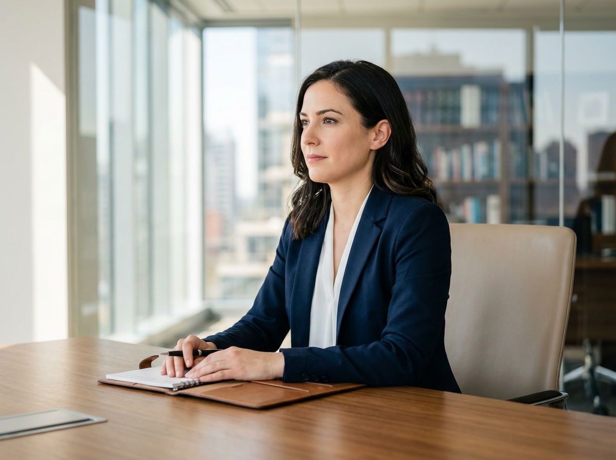 Femme en blazer navy dans un bureau moderne