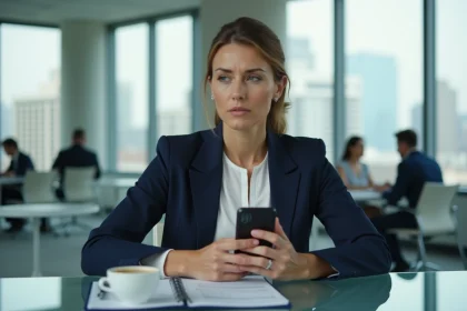 Femme professionnelle en blazer marine téléphonant pour s'excuser d'un rendez-vous annulé à cause d'un imprévu