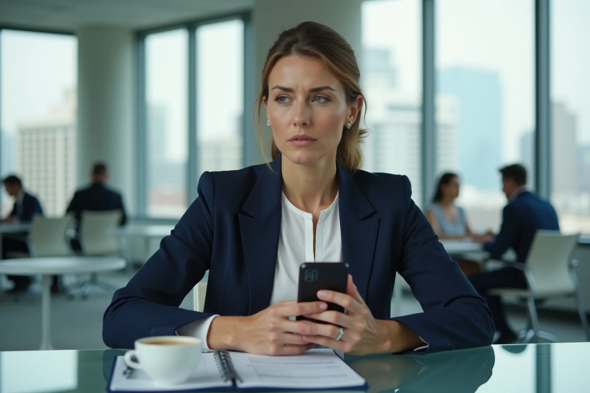 Femme professionnelle en blazer marine téléphonant pour s'excuser d'un rendez-vous annulé à cause d'un imprévu
