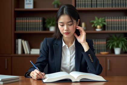 Jeune femme en costume lisant un livre de droit dans un bureau