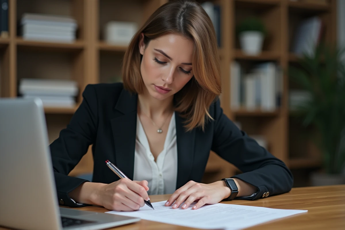Femme en bureau écrit une lettre de démission à la main