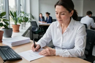 Femme professionnelle rédigeant une lettre de démission à son bureau dans un open space moderne