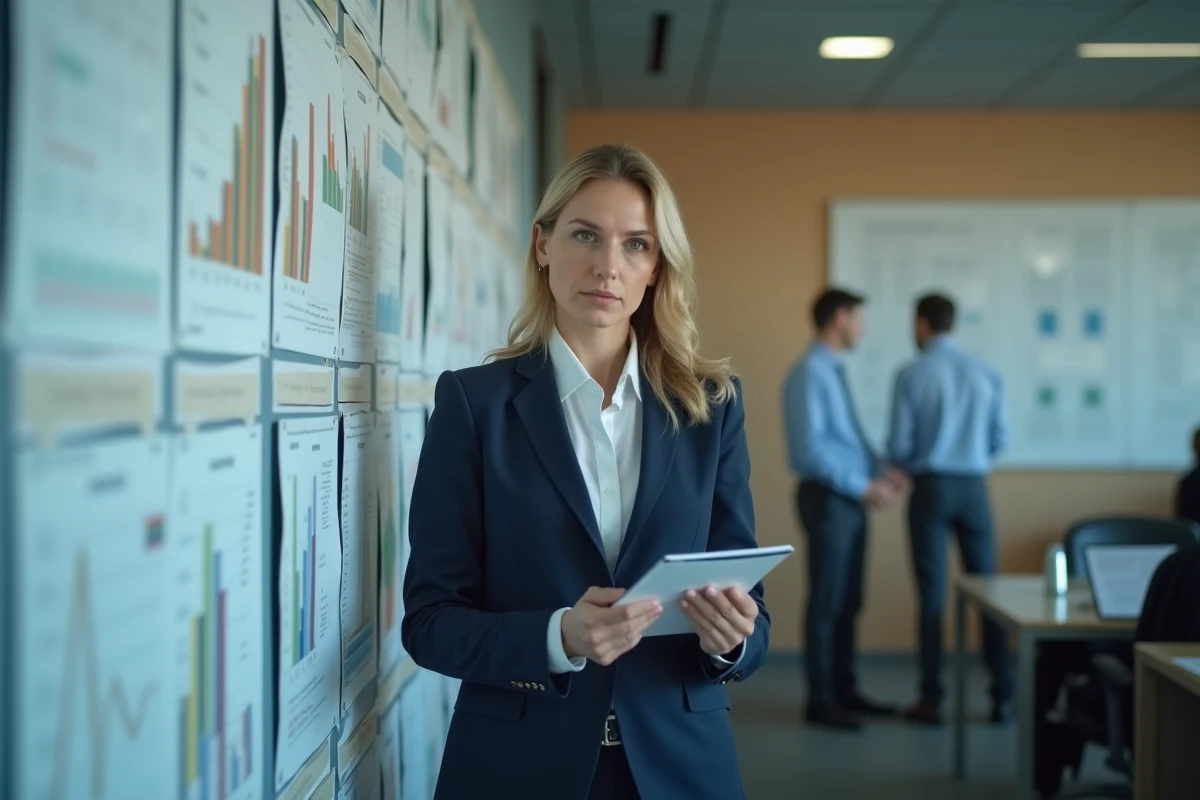 Femme r&eacute;gulateur financier devant une carte avec donn&eacute;es