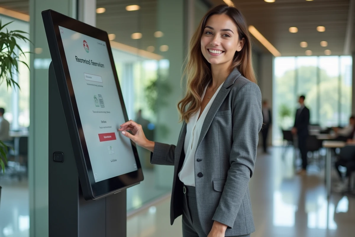 Jeune femme utilisant un kiosque de réservation dans un bureau lumineux