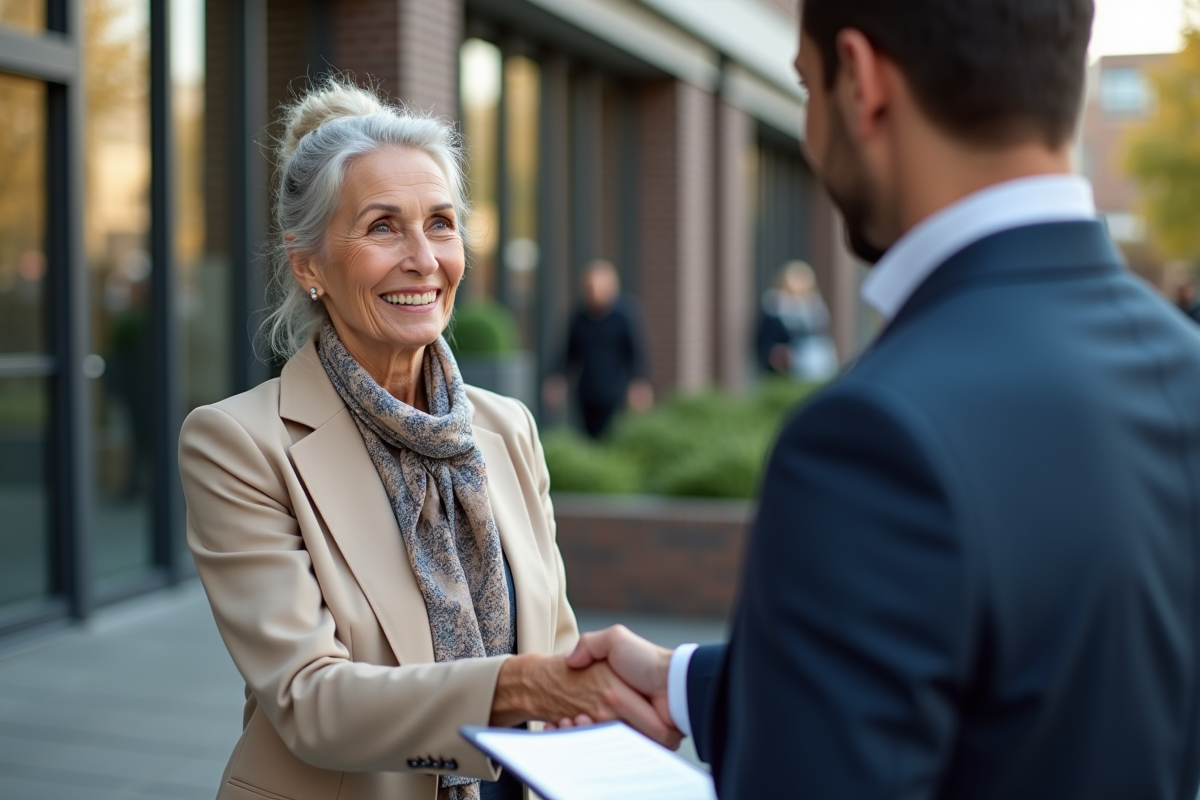 Femme senior recevant un accueil devant l