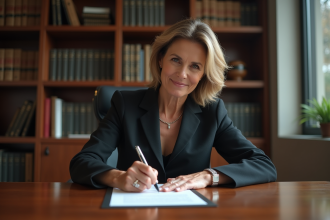 Femme d'âge moyen signant un document officiel dans un bureau professionnel