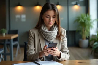 Femme en blazer lisant un message au bureau moderne
