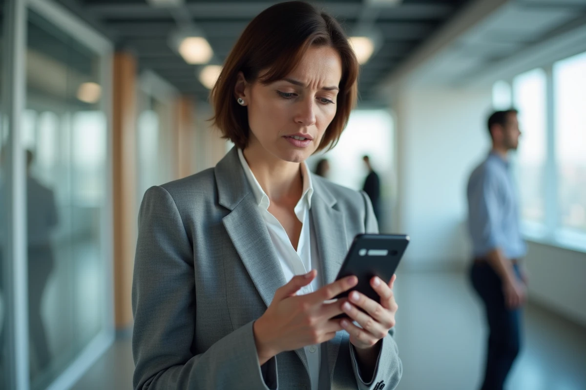 Femme en blazer gris regardant avec inquiétude un message d'erreur de connexion sur son smartphone dans un bureau moderne