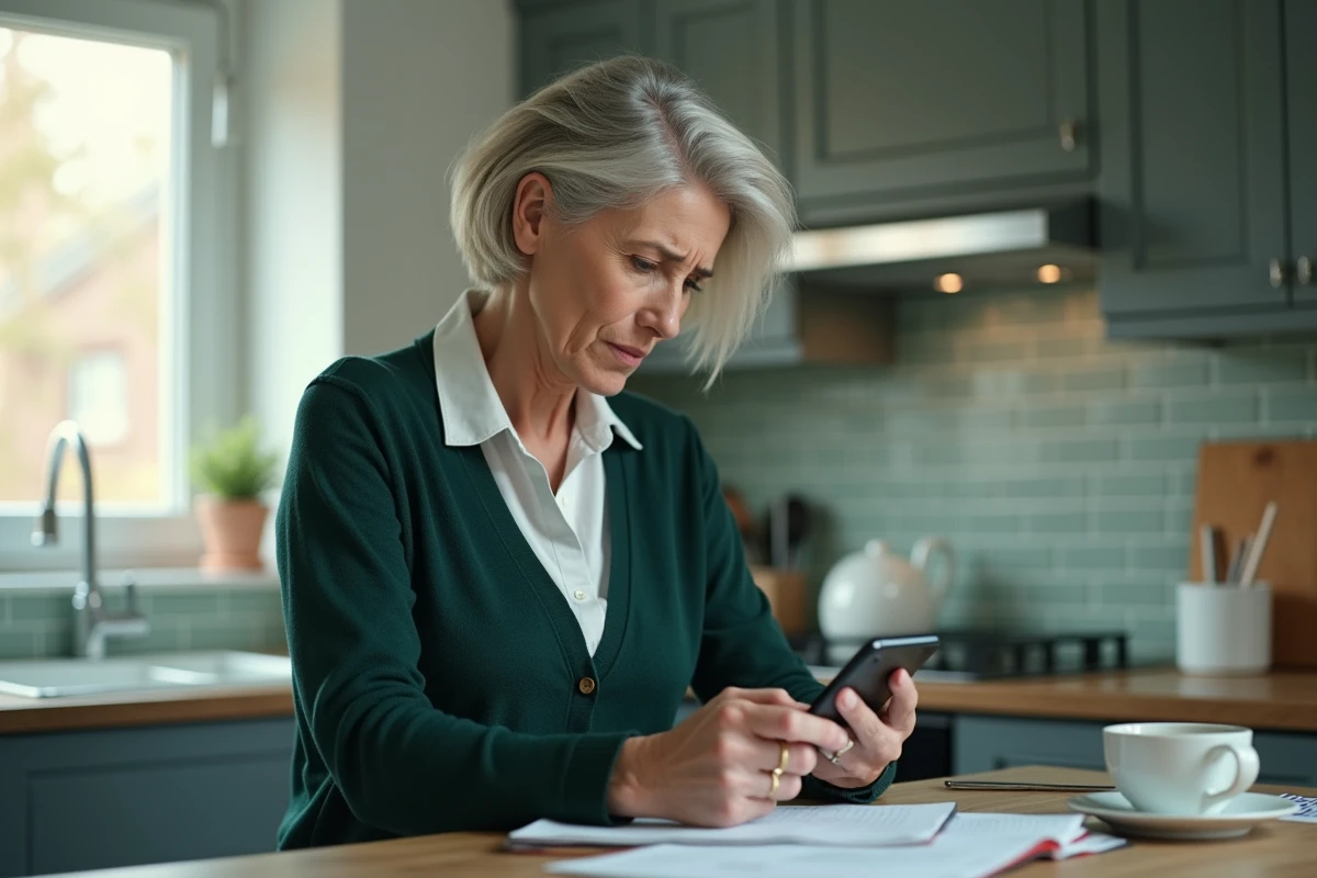 Femme envoyant un message à l'inspection du travail depuis son smartphone dans sa cuisine à domicile