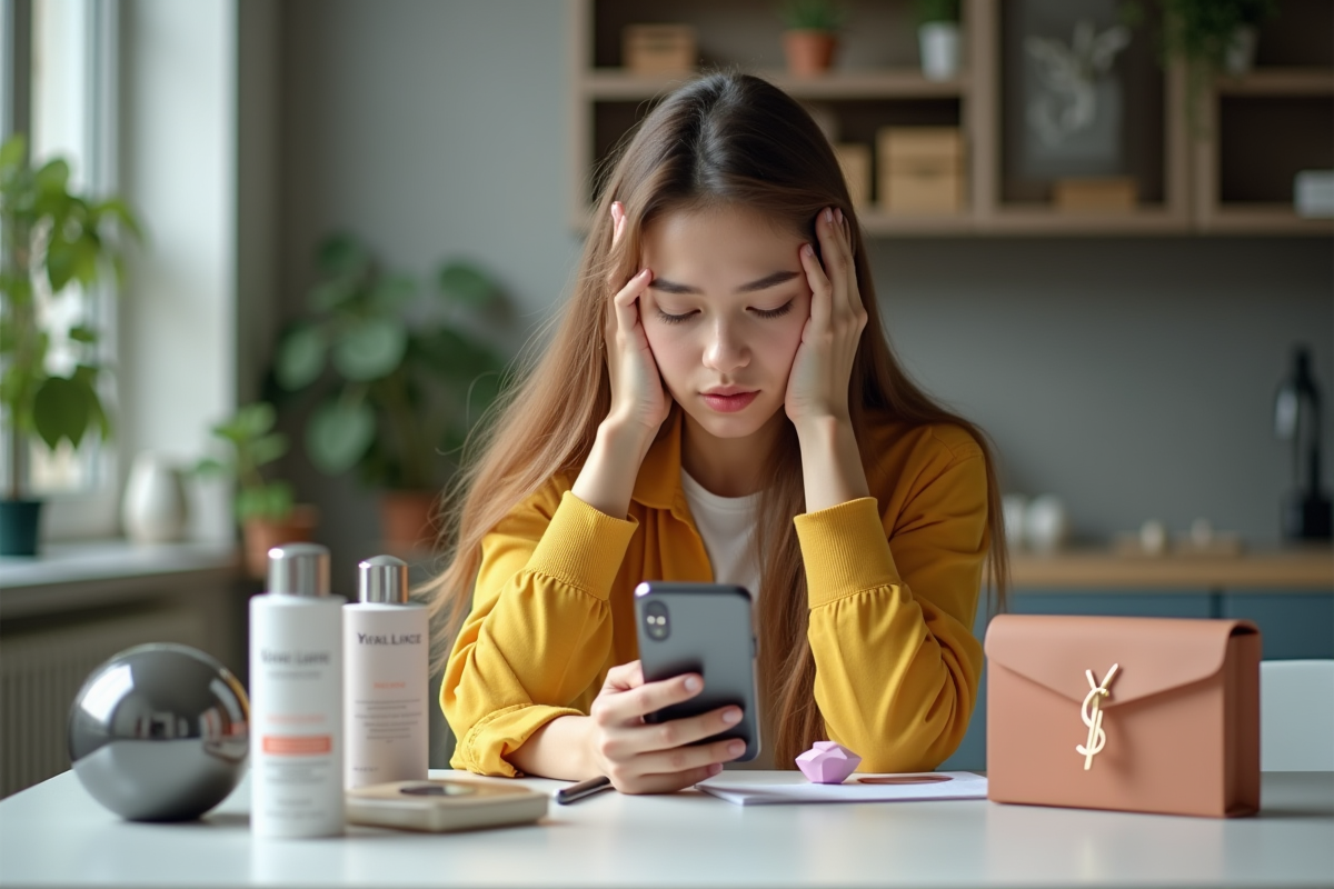Jeune femme avec smartphone et produits de luxe