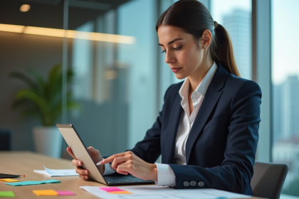 Femme en costume d'affaires planifiant une stratégie marketing