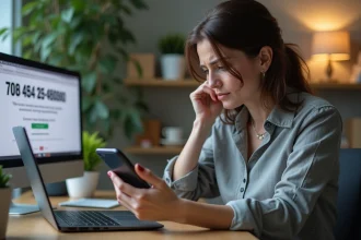 Femme inquiète regardant son smartphone dans un bureau