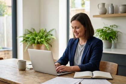 Femme en blazer travaillant à la maison avec un ordinateur