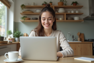 Femme en télétravail dans une cuisine lumineuse